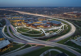 Aerial view of a highway interchange, a scientific data visualization concept with light trails of cars at night in the city. Aerial photography of the modern railway with nighttime lights. 