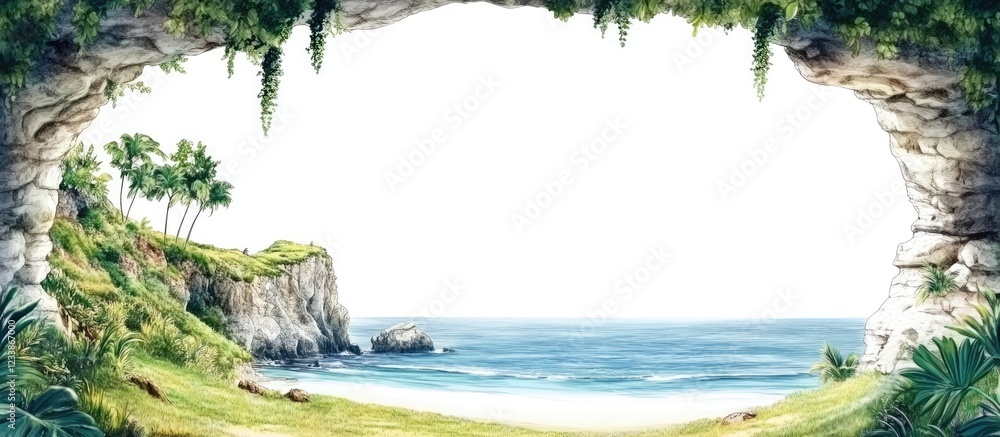 Aufkleber coastal cave view with empty text space showcasing a serene beach and lush greenery beneath a hillto