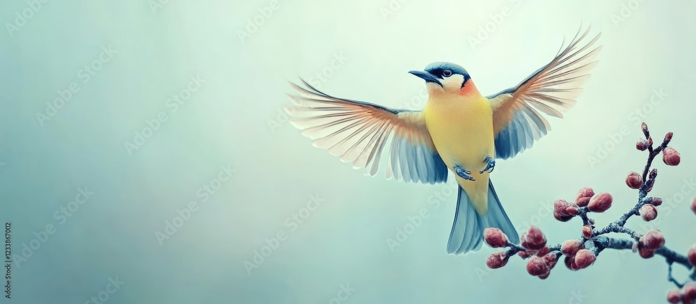 Poster cedar waxwing bird gracefully spreading its wings perched on a branch with soft pastel background an