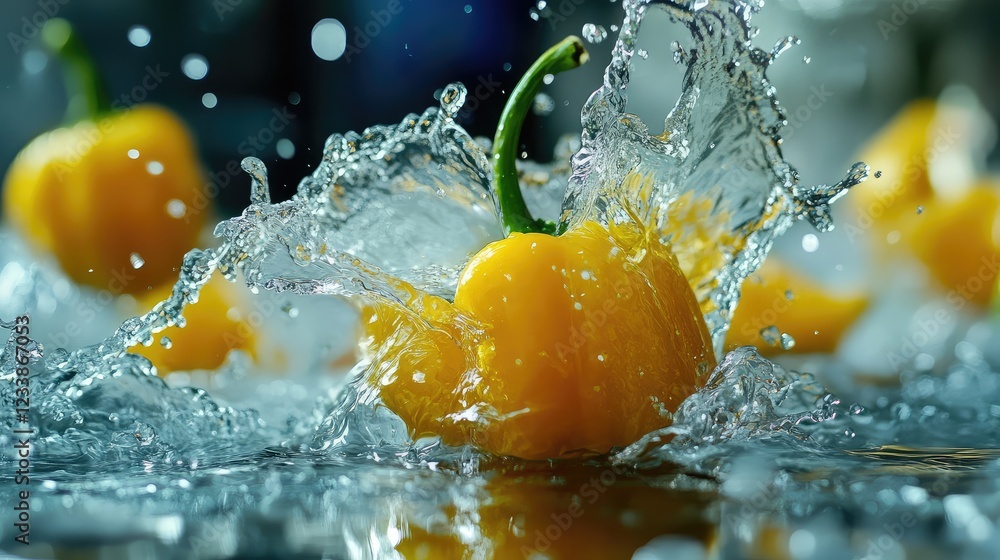 Aufkleber vibrant yellow peppers splashing in clear water with dynamic water droplets and soft bokeh backgroun