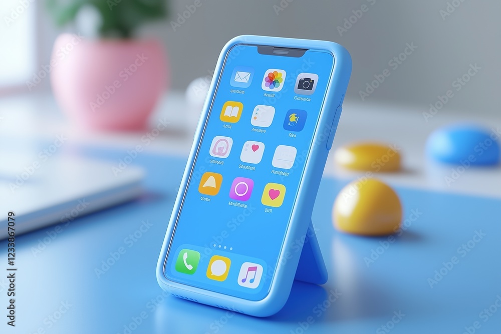 Poster a modern smartphone with a blue case, displaying colorful app icons on a bright blue surface. in the