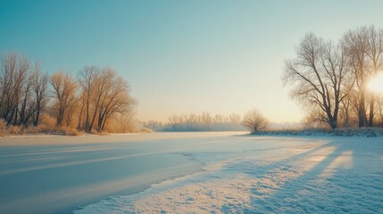 Serene winter landscape featuring a frozen lake and tranquil trees under a clear sky at sunrise