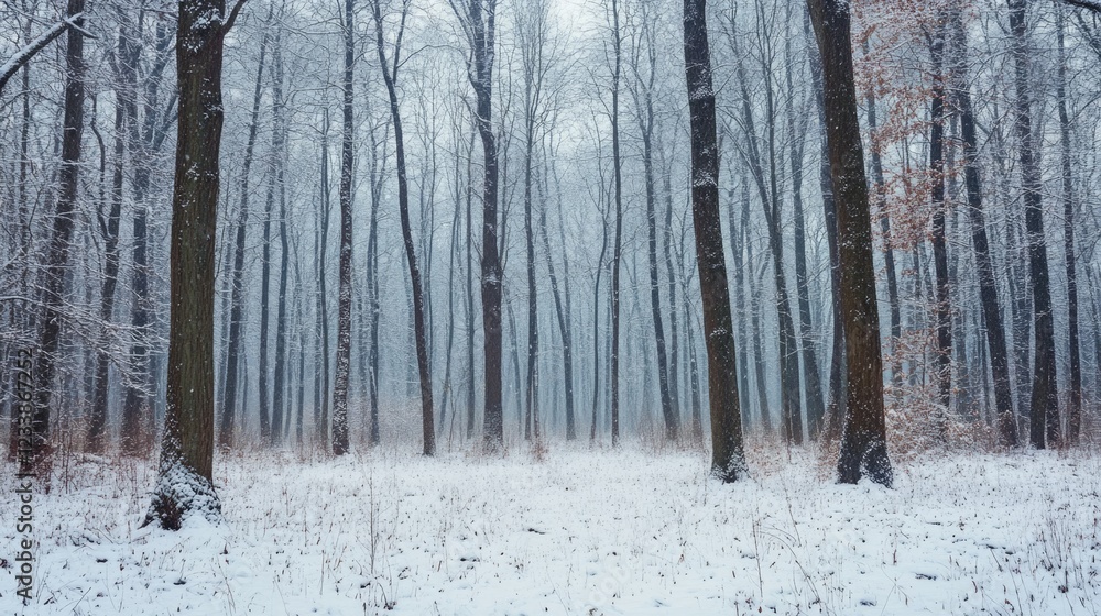 Poster winter forest scene with snowy trees and misty background offering space for text or branding