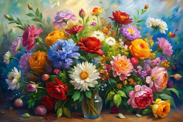 Obraz premium Painting of a vase of flowers with a blue background. Watercolor