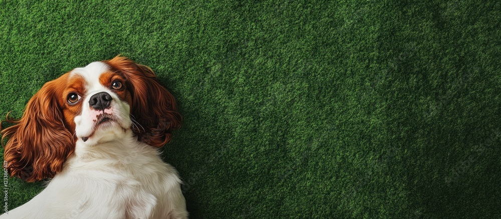 Poster adorable cavalier king charles spaniel portrait on green grass with ample copy space for text in a c
