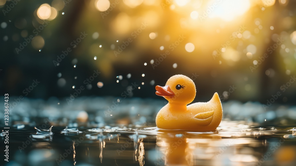 Poster bright yellow rubber duck floating on shimmering water with soft bokeh summer background and raindro