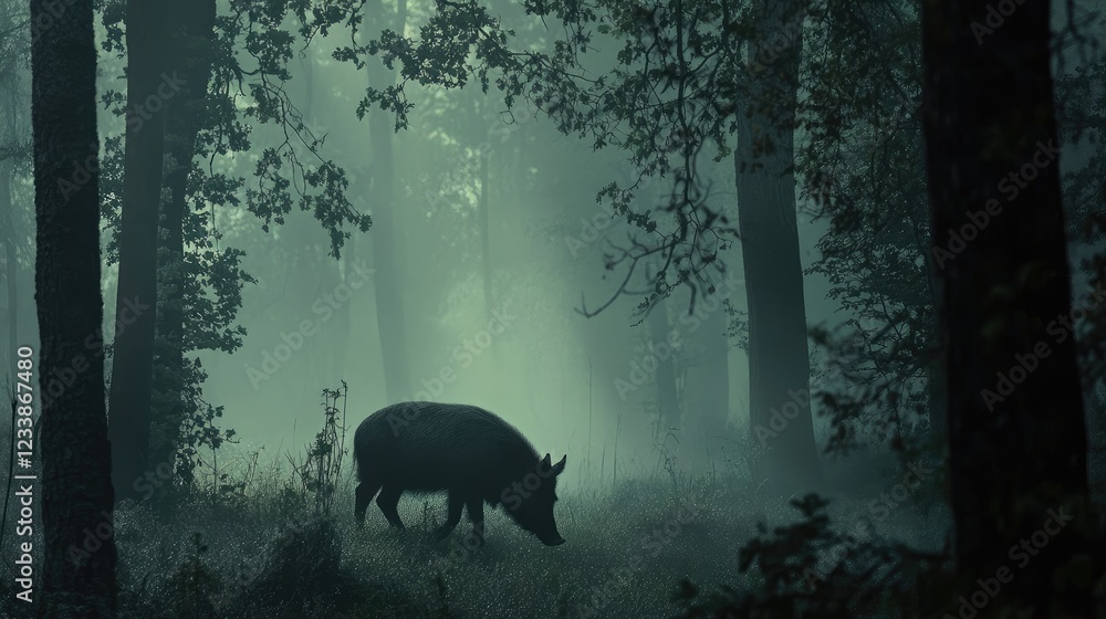 Poster wild boar foraging in an ethereal forest shrouded in mist with gentle diffused light creating a sere