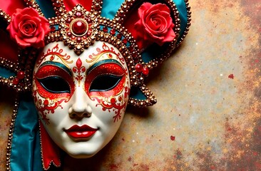 Beautiful close-up of a Venetian mask adorned with intricate red, gold, and teal designs. The mask features red roses on the side, with a soft, colorful background with a copy space.