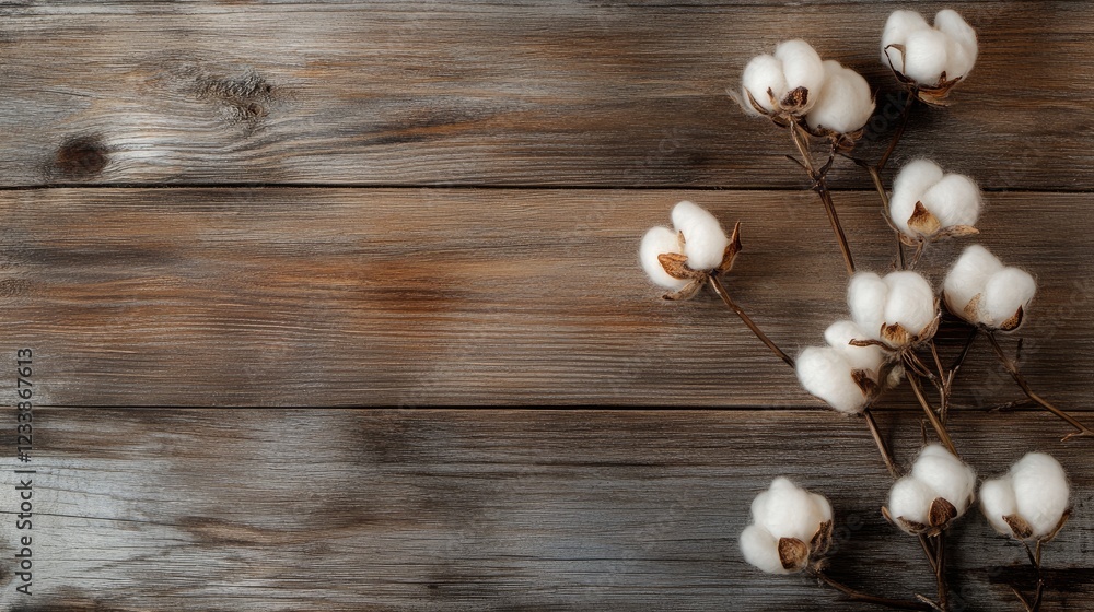 Poster cotton blossoms on rustic wooden background with empty copyspace for text or branding usage