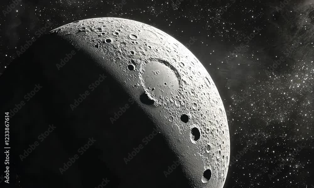Poster moon video shadow falls over moon universe with sparkling galaxy moving beautiful rotating moon foot