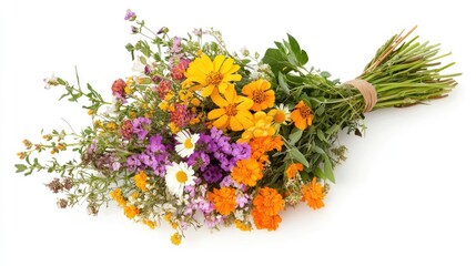 Obraz premium Vibrant wildflower bouquet featuring colorful blooms on a clean white background capturing the essence of nature's beauty.