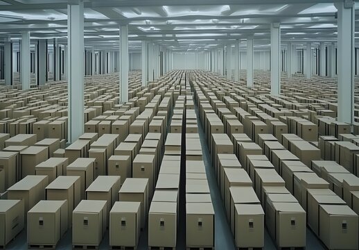 An expansive warehouse filled with rows of boxes and shelves, ready for action in the field of stock management. 