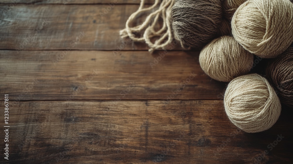 Poster Yarn Threads for Knitting and Stitching on Rustic Wooden Background with Space for Creative Text Additions