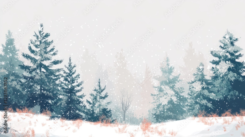 Aufkleber winter forest scenery with evergreen trees and gentle snowfall creating a serene atmosphere for text