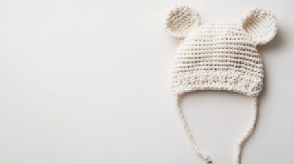 Fototapeta premium Crochet Ear Hat on Soft White Background with Copyspace for Text or Advertisement