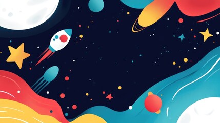 Cosmic Themed Desktop Design with Colorful Planets Rockets and Stars for Creative Background Use