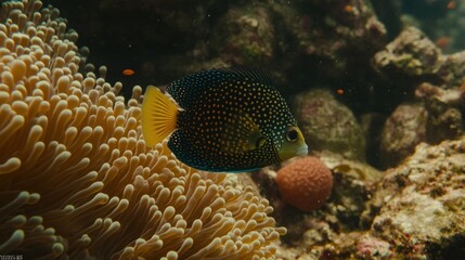Obraz premium A spotted fish swims near a sea anemone in a vibrant coral reef.