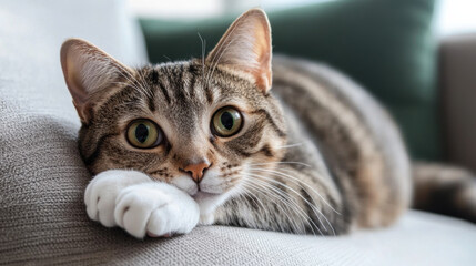 relaxed tabby cat resting on couch, showcasing its large eyes and soft fur