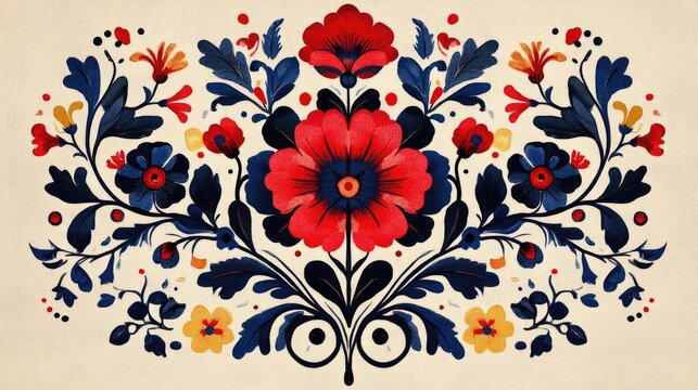 Colorful hungarian folk art embroidery pattern with floral motifs blooming