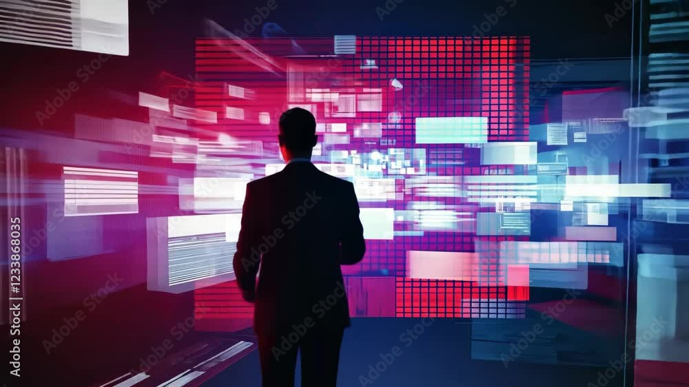 Aufkleber silhouette of person before digital screen with vibrant abstract data visualizations in futuristic t