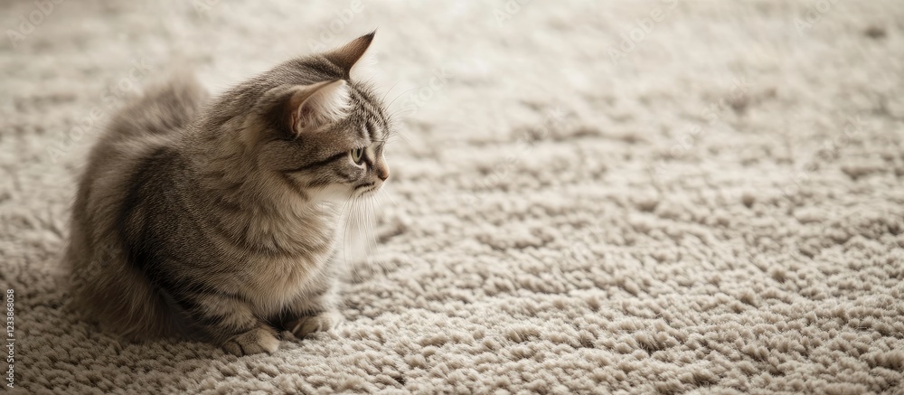 Poster cat playing on plush carpet with empty space for text showcasing home furnishings and inviting inter