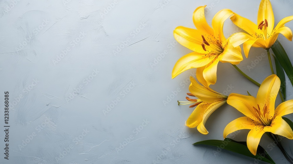 Poster bright yellow lilies arranged elegantly on soft gray background with ample negative space for design