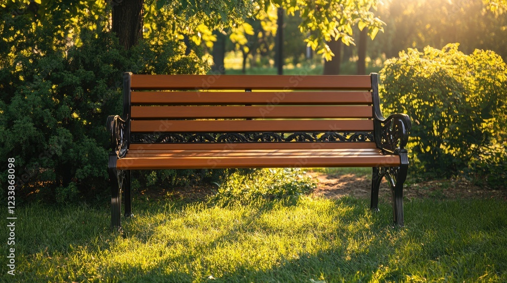 Poster wooden park bench at sunset surrounded by greenery with soft sunlight creating a tranquil atmosphere