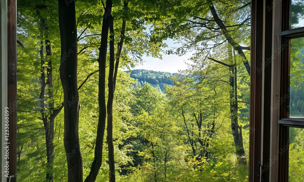 Poster nature landscape with a view through a window with green trees