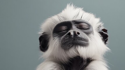 Fototapeta premium Cotton-top tamarin monkey with closed eyes displaying calmness against a minimalist background emphasizing tranquility and serenity.