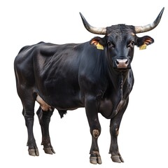 Naklejka premium Black bull, full-body, standing isolated on a white background. Detailed photograph, PNG format. 