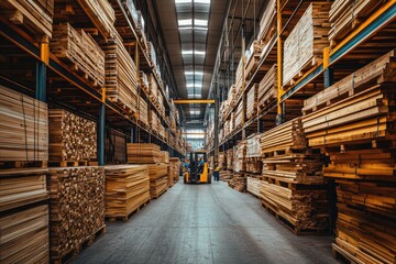Endless aisles of stacked lumber in warehouse