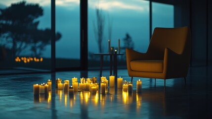 Cozy evening scene with armchair and candles.