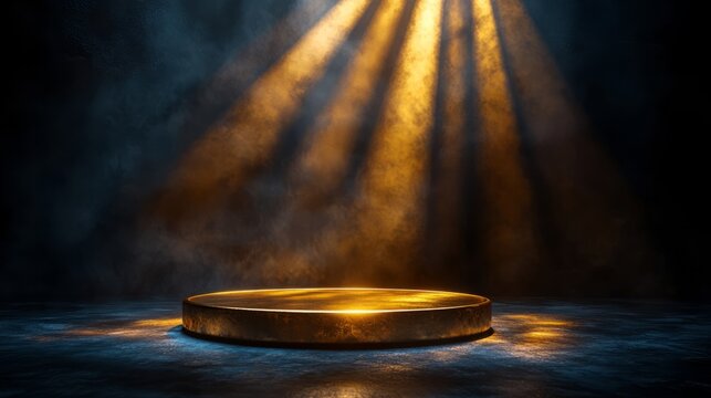 A golden royal awards podium surrounded by radiant spotlights, with premium textures and an elegant stage design