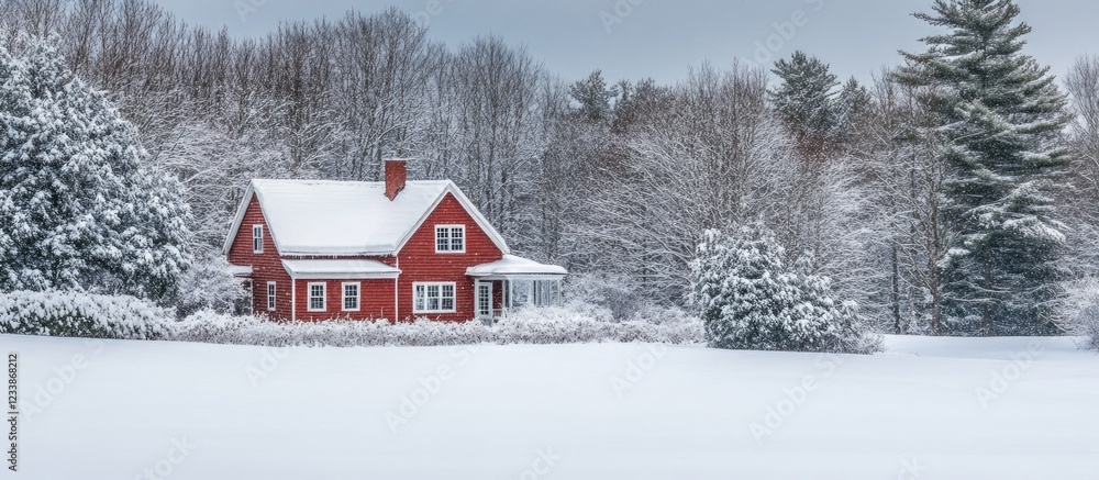 Poster charming red house in a winter snowy landscape with empty space for text and beautiful frosted trees
