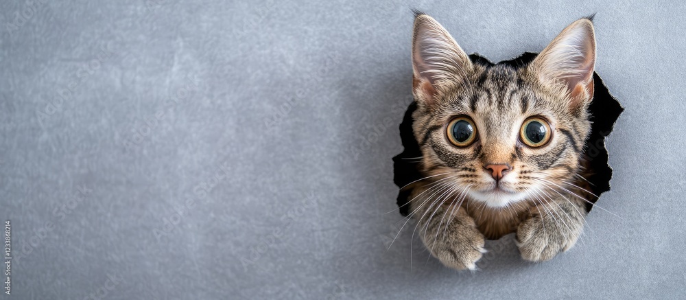 Poster cat curiously peeking through a torn hole in gray paper with ample empty space for text or creative 