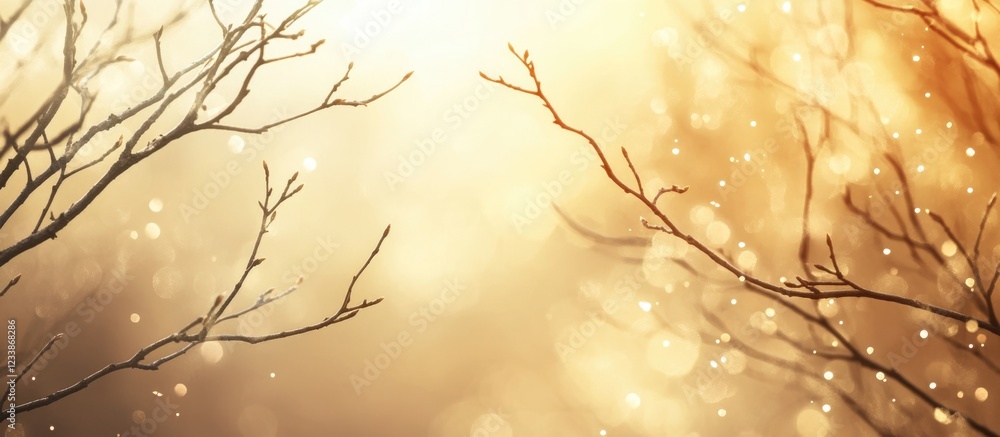 Poster foggy backdrop featuring leafless tree branches against a warm yellow and orange glow with ample spa
