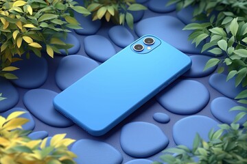 A blue smartphone case lying on a textured surface surrounded by green and yellow foliage. The background features smooth pebbles, creating a serene and modern aesthetic. 