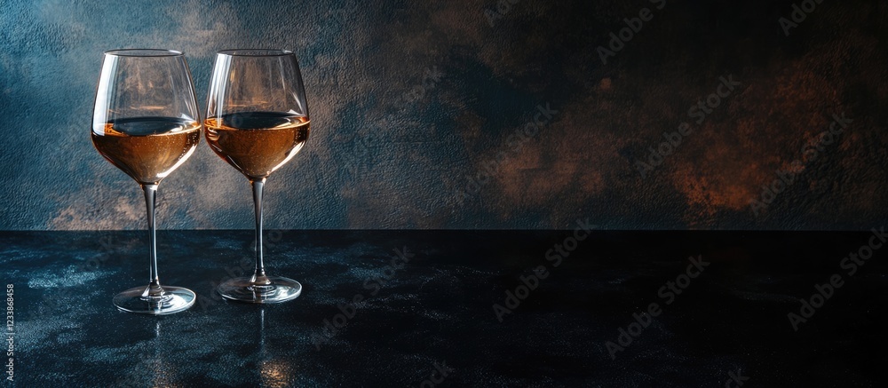 Poster champagne glasses on a dark textured table with empty copy space for elegant text or branding design