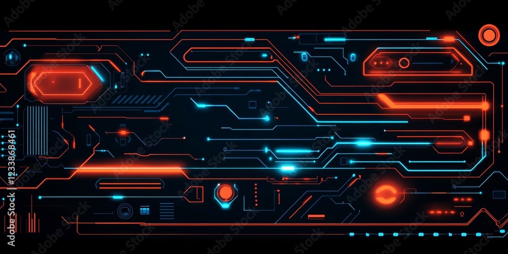 Poster glowing circuit board, intricate symmetrical design with orange and cyan lines on a black background