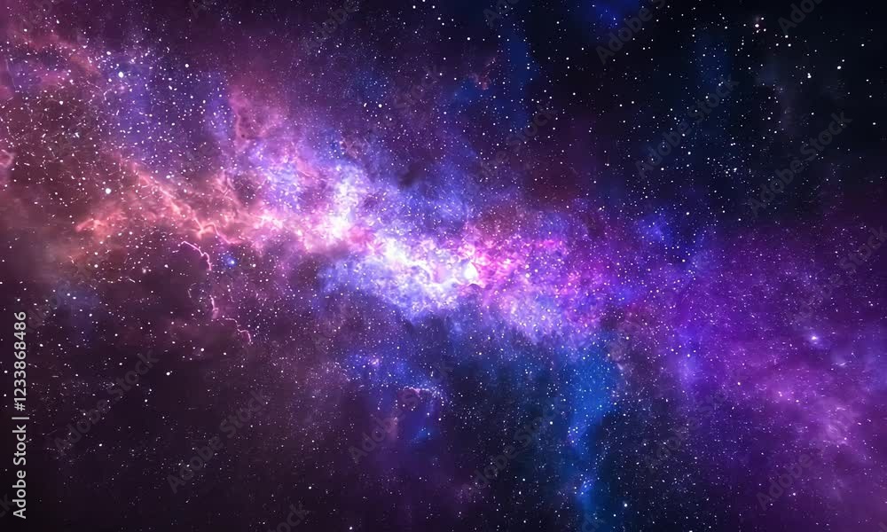Poster seamless loop galaxy exploration through outer space towards glowing milky way galaxy