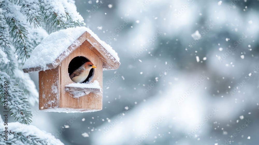 Aufkleber winter birdhouse surrounded by snowy trees with blurred background and empty space for text or custo