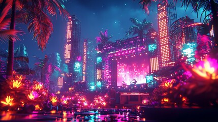 Obraz premium Neon Cityscape Tropical Stage Concert Venue