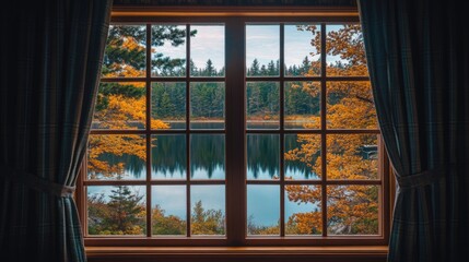 Fototapeta premium Serene Lake View Through Rustic Window Framed by Autumn Leaves and Nature's Reflections