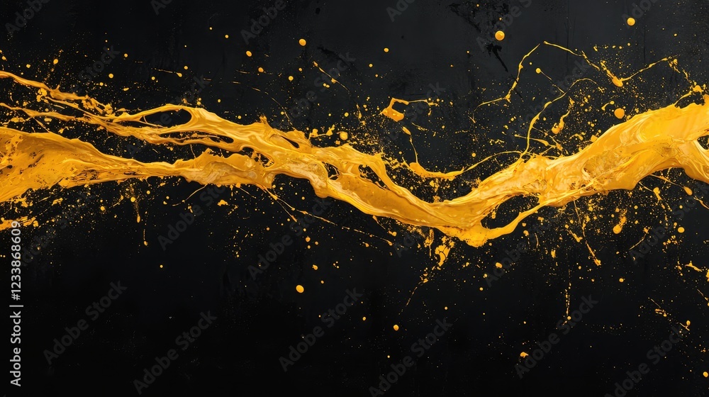 Poster dynamic yellow paint splash with vibrant droplets and trails on a rich black background creating an 