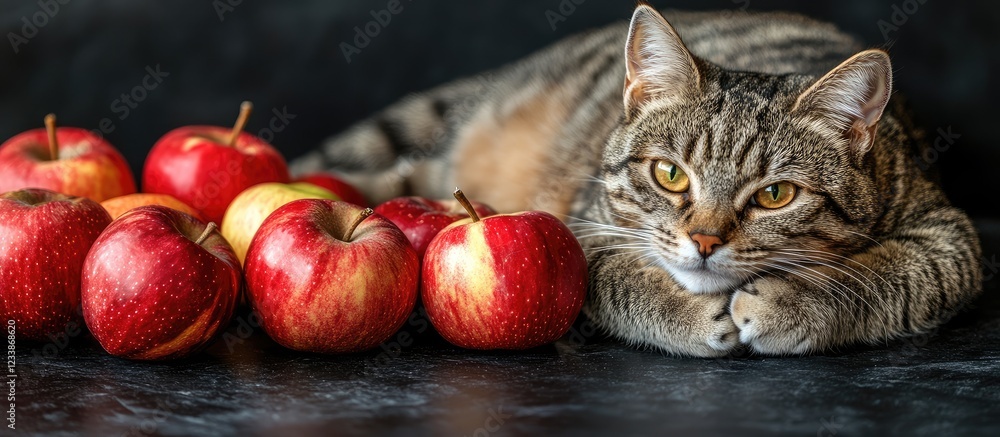 Aufkleber cat resting among red apples on black table with empty space for text in cozy fall setting