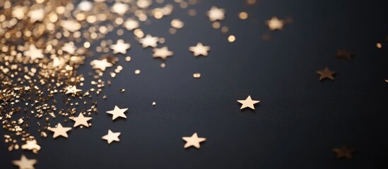 Black background adorned with scattered golden stars and glitter symbolizing achievement and creativity with space for text insertion