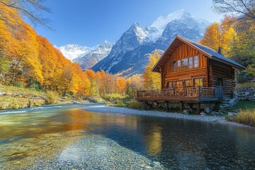 Obraz premium Serene lakeside cabin surrounded by autumn foliage