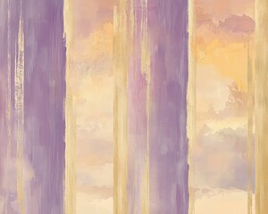 Wallpaper design featuring vertical stripes of lavender shifting into pale gold skies, interspersed with delicate, dynamic cloud streaks for a unique, calming atmosphere