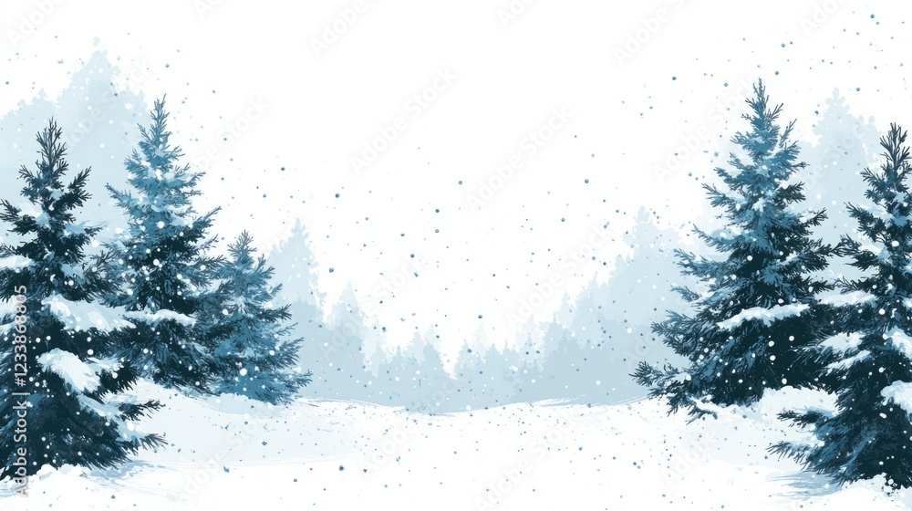Poster snowy winter landscape featuring snow-covered fir trees with a serene atmosphere and ample space for