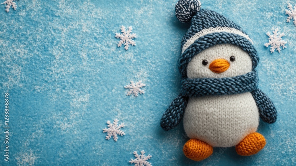 Poster knitted penguin character on blue background with snowflakes and space for text in winter theme